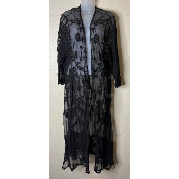 Ronni Nicole Sweaters - Ronni Nicole Womens Large Duster Cardigan Black Floral Lace Mesh Open Front Long